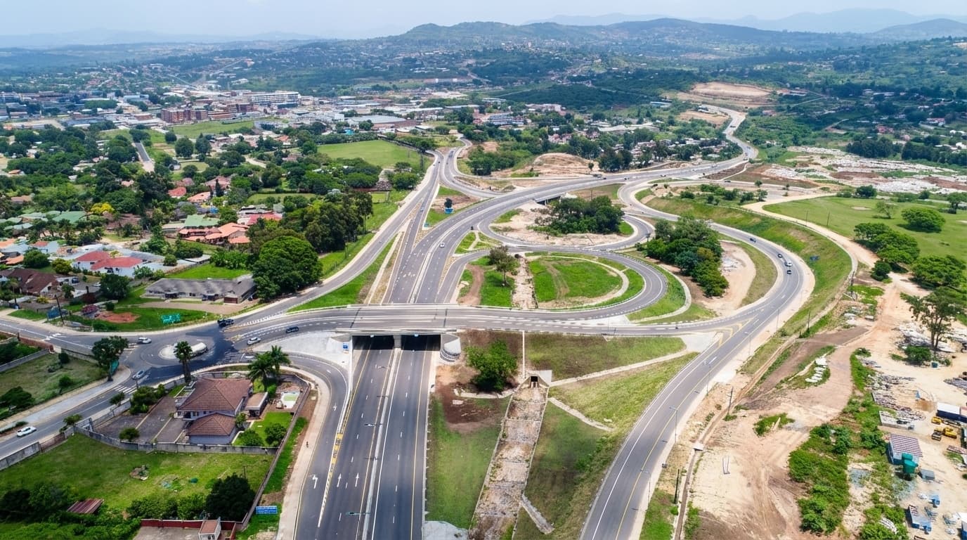 Aerial view of modern highway infrastructure and airport integration in Eswatini